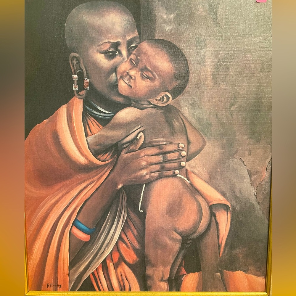 Signed African Mother & Child Genuine Framed Lithograph on Canvas
